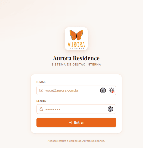 Interface do sistema em produção: Aurora Residence